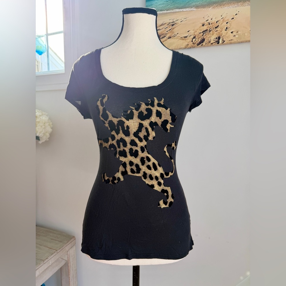 Express - Leopard Detail Black Women's T-Shirt